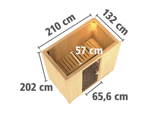 Abmessungen einer Sauna mit Tür und Holzbänken im Innenraum