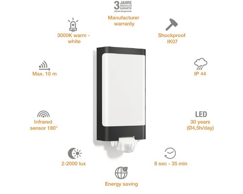 Steinel LED Sensor Außenwandleuchte 9,3W 946 lm 3000 K L 30,5 cm L 240 S anthrazit/weiß