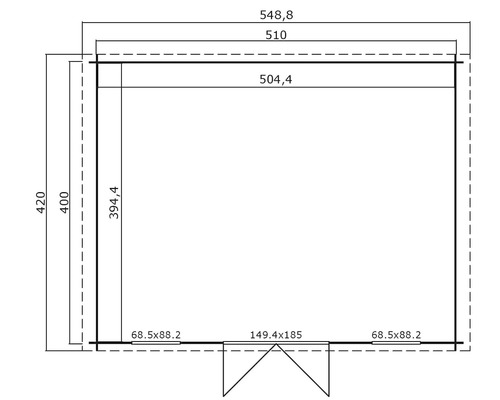 Grundrisszeichnung eines Gartenhauses mit Maßangaben