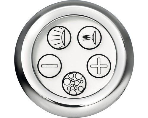 Bedienelement mit Symbolen für Licht, Dusche, Minus, Blasen und Plus