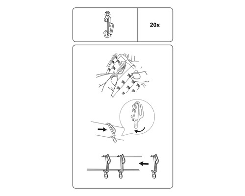 Anleitung zur Anbringung von Gardinenhaken, 20 Stück
