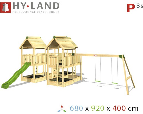 Hy-Land Spielplatz mit zwei Spieltürmen, Rutsche und Schaukel