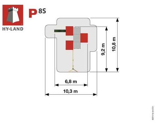 Abmessungen des Hy-Land Spielturms P8S: 6,8 Meter mal 9,2 Meter