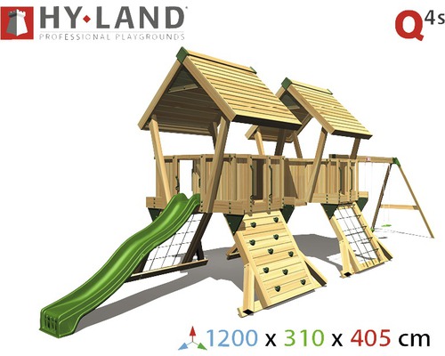 Hy-Land Spielplatz mit Rutsche, Schaukel, Kletterwand und zwei Spieltürmen