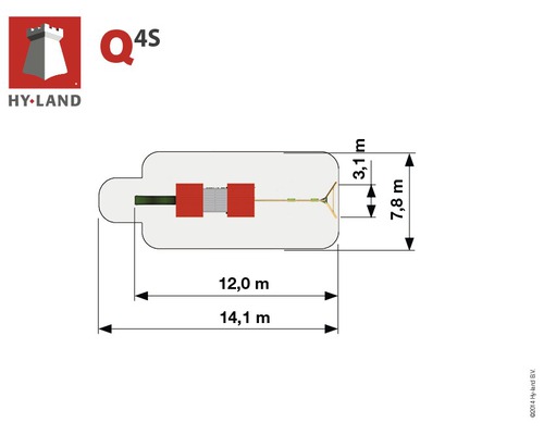 Hy-Land Logo. Abmessungen des Spielplatzes: Länge 14,1 Meter, Breite 7,8 Meter.