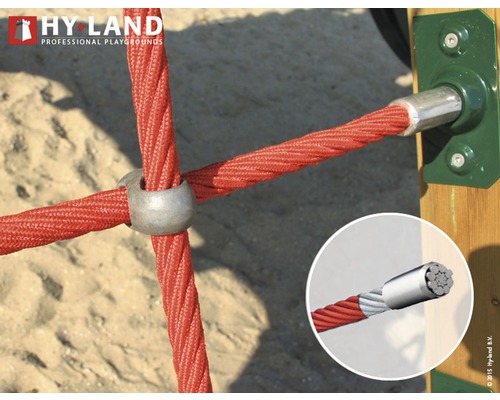 Detailansicht eines Kletterseils mit Metallverbindungen und einer Nahaufnahme des Seilquerschnitts