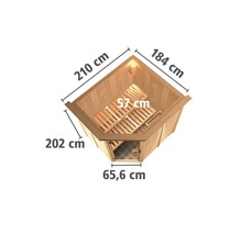 Elementsauna Karibu Petalit ohne Ofen mit Dachkranz und bronzierter Ganzglastüre