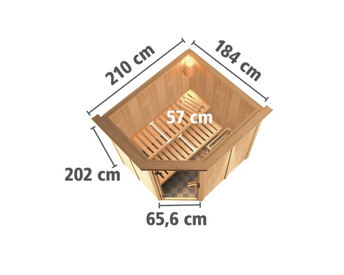 Ansicht von oben einer Elementsauna mit Maßangaben der Länge
