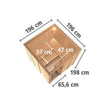Elementsauna Karibu Rodina inkl. 9 kW Ofen u.integr.Steuerung ohne Dachkranz mit Ganzglastüre aus Klarglas