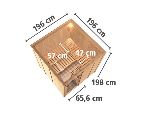 Draufsicht einer Holzsauna mit Maßangaben