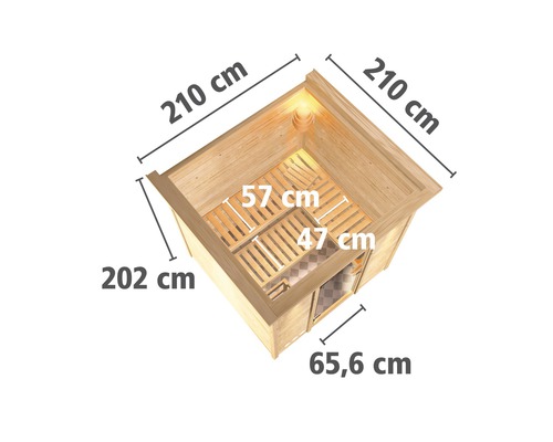 Draufsicht einer Sauna mit Abmessungen: 210 cm Breite, 210 cm Tiefe, 202 cm Höhe, Sitzbank 57 cm und 47 cm, Türe 65,6 cm.