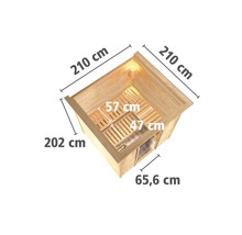 Elementsauna Karibu Rodina inkl. 9 kW Ofen u.integr.Steuerung mit Dachkranz und Ganzglastüre aus Klarglas
