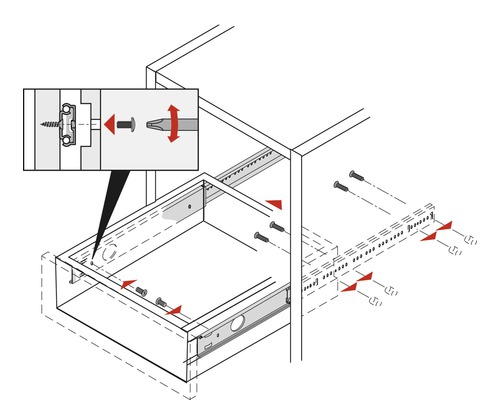Darstellung der Montage einer Schublade mit Schrauben
