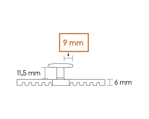 Technische Zeichnung eines Montageprofils mit den Maßen 9 mm, 11,5 mm und 6 mm.