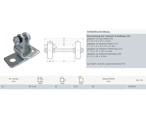 Achshalterung aus verzinktem Stahl mit technischer Zeichnung und Maßangaben