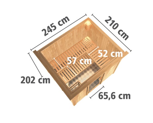Illustration einer Sauna mit den Maßen 245 cm, 210 cm, 202 cm, 65,6 cm, 57 cm und 52 cm.