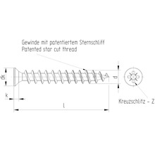 Technische Zeichnung einer Schraube mit patentiertem Sternschliff und Kreuzschlitz Z