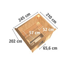 Elementsauna Karibu Gobina inkl. 9 kW Bio Ofen u.ext.Steuerung mit Dachkranz und Ganzglastüre aus Klarglas