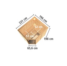 Elementsauna Karibu Malina ohne Ofen und Dachkranz mit Ganzglastüre aus Klarglas
