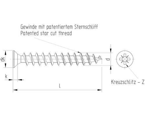 Technische Zeichnung einer Schraube mit patentiertem Sternschliff und Kreuzschlitz Z