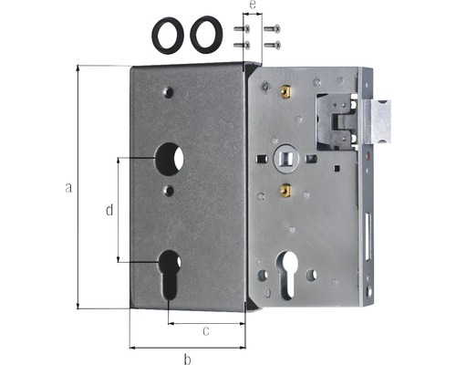 Einsteckschloss mit Dichtungsringen und Schrauben mit Maßangaben