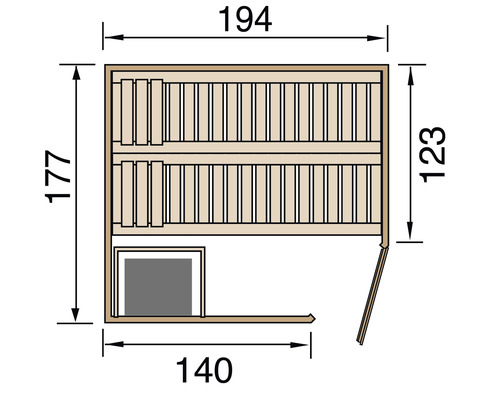 Grundriss einer Sauna mit Maßangaben