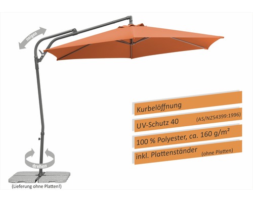 Freiarm Sonnenschirm mit Kurbelöffnung, UV-Schutz 40 nach AS/NZS4399:1996, aus 100 Prozent Polyester, circa 160 Gramm pro Quadratmeter, inklusive Plattenständer
