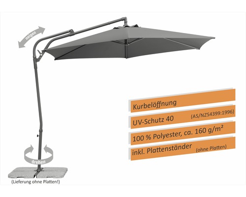 Freiarm-Sonnenschirm mit Kurbelöffnung, UV-Schutz 40, aus 100 Prozent Polyester mit circa 160 Gramm pro Quadratmeter, inklusive Plattenständer aber ohne Platten, neigbar und drehbar.