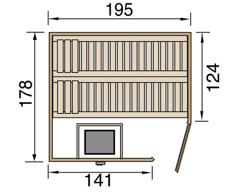 Technische Zeichnung einer Sauna mit Maßangaben