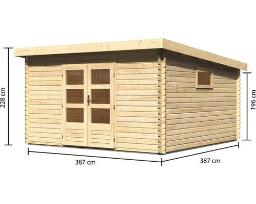 Holzgartenhaus mit Doppeltür und Fenster sowie Maßangaben 387 x 387 x 228 cm