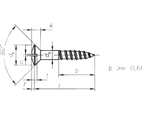 Technische Zeichnung einer Holzschraube mit Abmessungen