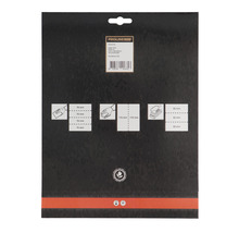 Verpackungsrückseite von Schleifpapier mit Größenangaben für verschiedene Schleifwerkzeuge
