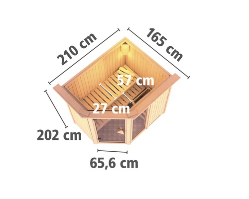 Abmessungen einer Ecksauna mit Bänken aus Holz