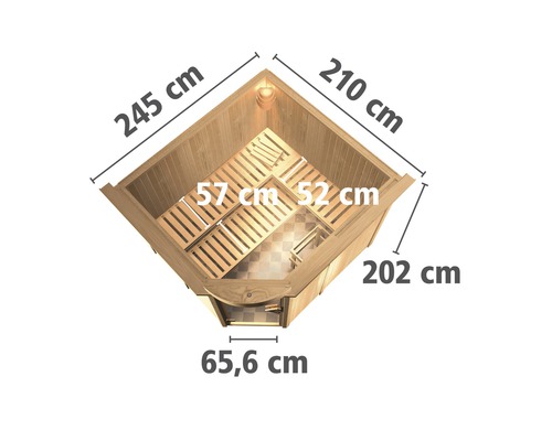 Draufsicht einer Sauna mit den Maßen 245 cm, 210 cm, 202 cm, 65,6 cm, 57 cm und 52 cm.