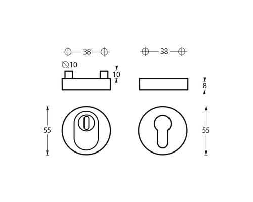 Technische Zeichnung eines Türbeschlags mit Maßangaben