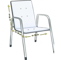 Stuhl mit Armlehnen und Maßangaben zu den Abmessungen