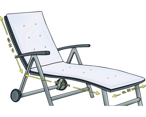 Zeichnung einer Gartenliege mit den Maßen 70 cm Höhe, 120 cm Länge und 60 cm Breite