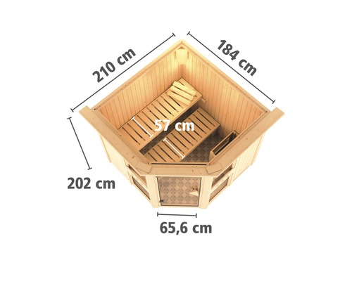 Ecksauna mit den Maßen 210 mal 184 mal 202 cm