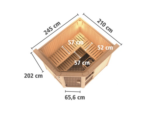 Draufsicht einer Sauna mit Maßangaben
