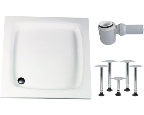 Quadratische Duschwanne mit Ablaufgarnitur und Füßen