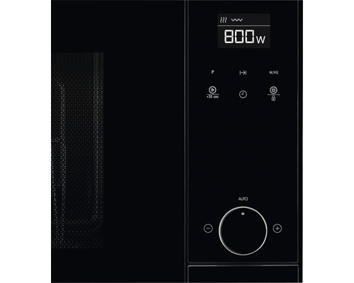 Nahaufnahme einer Mikrowelle mit digitaler Anzeige und Bedienfeld