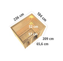 Draufsicht der Saunadimensionen 236 mal 184 mal 209 cm