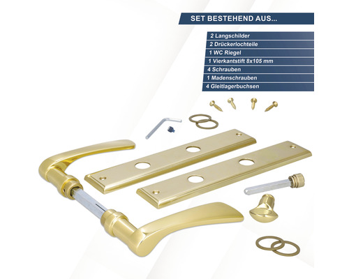 Türbeschlagset mit Langschildern, Drückerlochteilen, WC-Riegel, Vierkantstift, Schrauben, Madenschrauben und Gleitlagerbuchsen