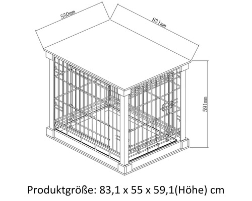 Dimensionsdarstellung eines Hundekäfigs mit den Maßen 83,1 x 55 x 59,1 Zentimeter