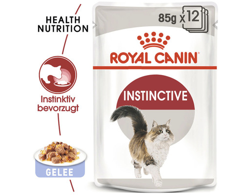 Royal Canin Logo. Packung Katzenfutter Instinctive in Gelee, 85 Gramm mal 12 Stück.