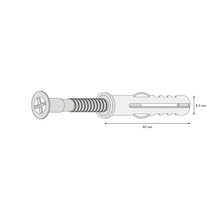 Zeichnung einer Schraube mit Dübel, 80 mm lang und 8 mm breit