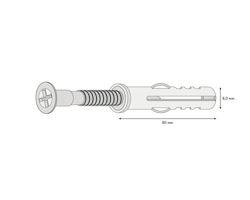 Zeichnung einer Schraube mit Dübel, 80 mm lang und 8 mm breit