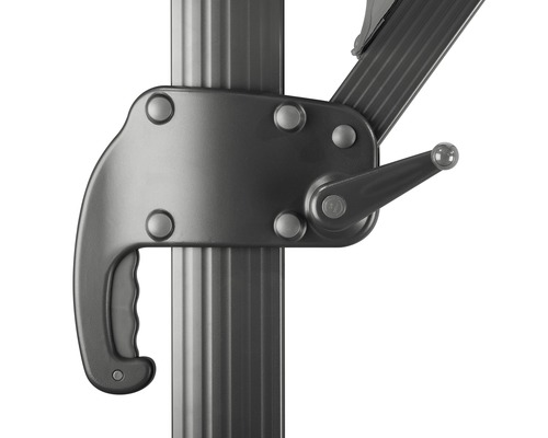 Detailaufnahme eines Mechanismus zur Verstellung eines Sonnenschirms.
