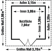 Grundriss mit Außenmaßen 3,15 Meter mal 2,39 Meter, größten Maßen 2,98 Meter mal 3,70 Meter, Innenmaßen 3,06 Meter mal 2,30 Meter und einer Nutzfläche von 7,04 Quadratmetern.