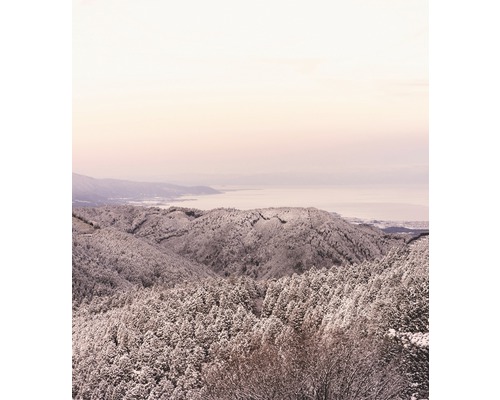 Winterlandschaft mit Bergen, Wäldern und einem See